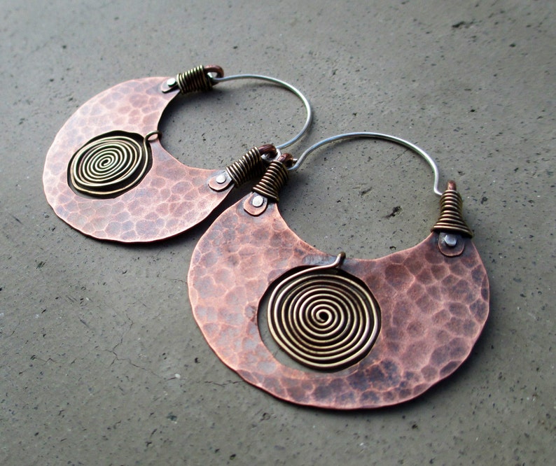 Big Pachamama Hoop Earrings, Spiral, Mixed Metal, Metalsmithed, Tribal, Boho, Earthy, Ancient Treasure image 4