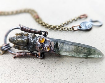 Tribal Amulet with Epidote Rutile Quartz Bridge Crystal Wand, Labradorite Ganesha, Golden & Green Tourmaline, Copper, Adjustable Brass Chain