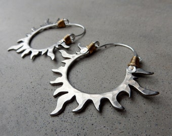 Solar Passion Hoop Earrings, White Bronze, Sun, Flames, Handmade, Mixed Metal, Gypsy, Fire Dancer, Belly Dancer