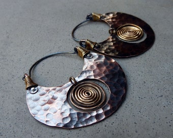 Big Pachamama Hoop Earrings, Spiral, Mixed Metal, Metalsmithed, Tribal,  Boho, Earthy, Ancient Treasure