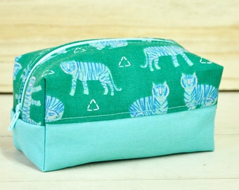 Modern Cosmetics Bag- Zipper Pouch - Aqua Blue Tigers on Green