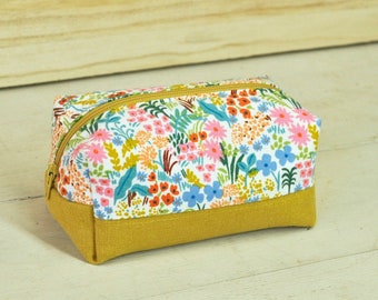 Modern Cosmetics Bag- Zipper Box Pouch - Colorful Rifle Paper Co. Floral with Mustard Yellow Linen