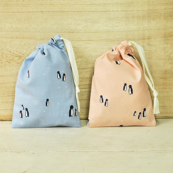 Reusable Gift Bag - Holiday Penguins in Two Colors- Drawstring Pouch - 5" x 7"