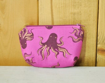 Zipper Pouch with Rounded Bottom - Octopus Fabric in Magenta