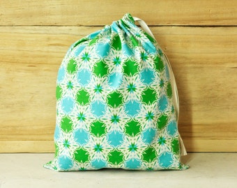 Reusable Fabric Christmas Gift Bag - Green & Aqua Kaleidoscope - Two Sizes 7" x 10" or 12" x 15"