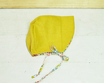 Liberty of London and Yellow Linen Reversible Baby/Toddler Bonnet - Sizes 0 Months to 4 Years