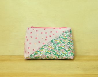 Large 8" Zipper Pouch with Diagonal Design- Pink Strawberries & Pink/Green Floral