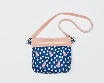 Convertible Cross-Body Bag in Blue & Peach Cheetah Print and Peach Linen