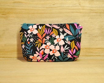 Large Floral Zipper Pouch with Rounded Bottom 6" x 9" - Pink & Teal on Black