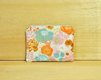Small 4" x 5" Zipper Pouch - Coin Purse in Aqua, Pink & Orange Floral