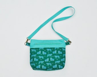 Convertible Cross-Body Bag in Green & Blue Tiger Print and Aqua Linen