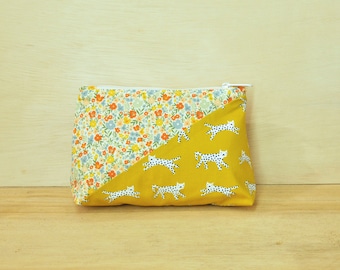 Large 8" Zipper Pouch with Diagonal Design- Yellow & Orange Floral/Mustard Yellow with Spotted Kitties