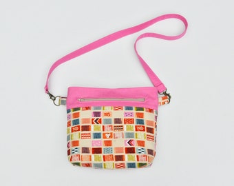 Convertible Cross-Body Bag in Colorful Shapes and Pink Linen