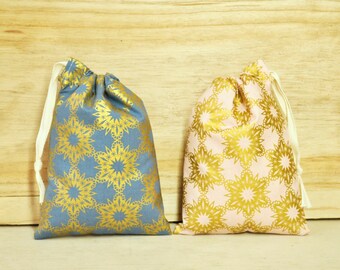 Drawstring Pouch - Reusable Gift Bag - 5" x 7" or 8" x 12" - Metallic Gold Kaleidoscope Pattern on Blue or Pink