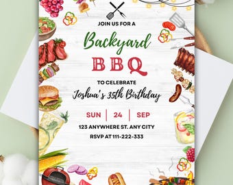 Plantilla editable de invitación de cumpleaños con barbacoa: Invitación a una barbacoa en el patio (Canva)