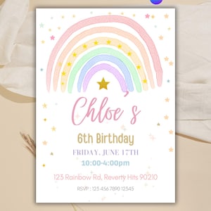 Peut inclure: Une invitation d'anniversaire aux couleurs pastel avec un arc-en-ciel et des étoiles. Le texte indique "6e anniversaire de Chloé" avec les détails de l'événement : vendredi 17 juin, 10h00-16h00 et un numéro RSVP.