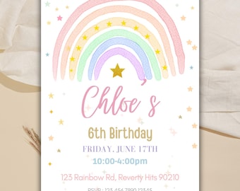 May include: A pastel-themed birthday invitation with a rainbow and stars design. The text says "Chloe's 6th Birthday" with event details: Friday, June 17th, 10:00-4:00pm, and an RSVP number.