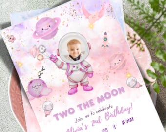 May include: A whimsical invitation for a second birthday party. The design features a child in an astronaut suit, planets, and the text "TWO THE MOON". The invitation is in shades of pink and purple, with the date and time of the party.
