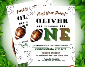 First Year Down Editable Birthday Invite: Boys 1st Football Birthday Invitation Canva Template