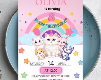 Cat Birthday Invitation Template: Kitten And Friends Rainbow Digital Download