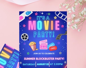 Plantilla digital para invitación a noche de cine: Invitación temática para fiesta de cine (Canva, descarga instantánea)