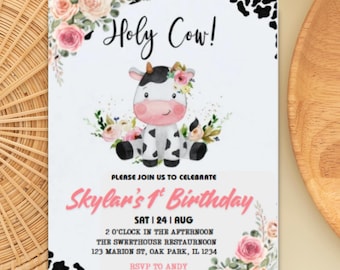 Modèle d'invitation d'anniversaire vache sacrée : fête de cow-girl modifiable (canva numérique 5 x 7)