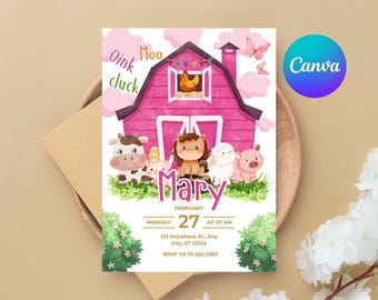 Pink Farm Birthday Invitation Editable Template: Girl Barnyard Birthday Canva Digital Download