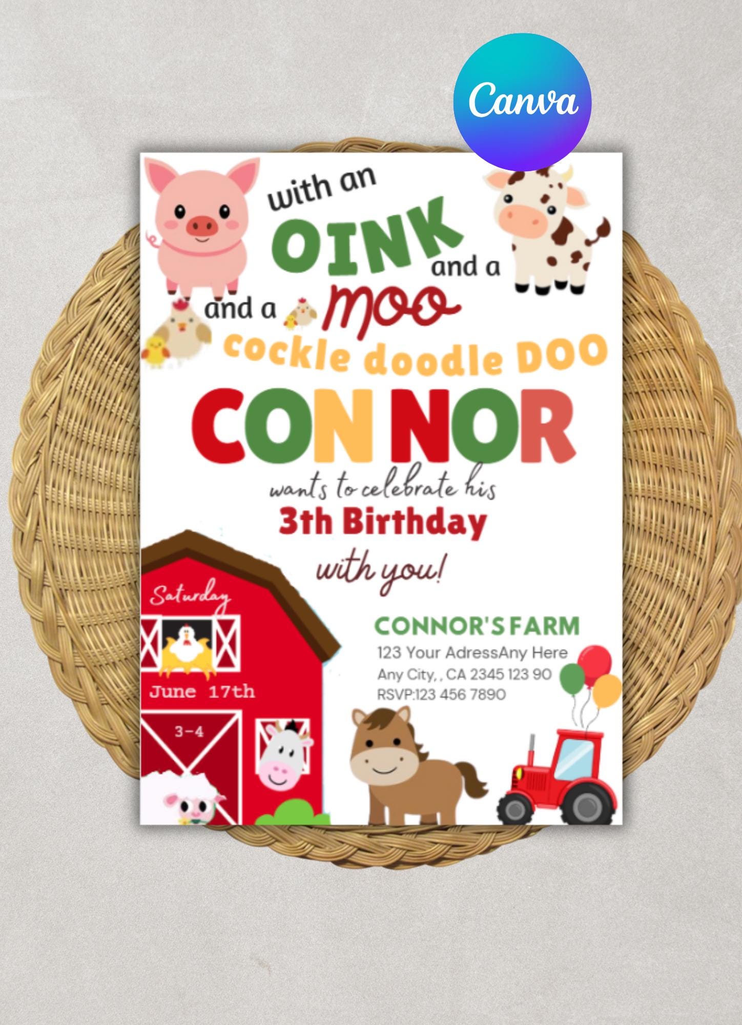Editable Farm Birthday Invitation: Farm Animals Invite Canva Template ...