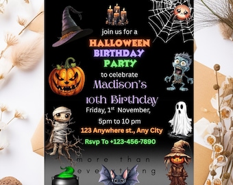 Spooky Halloween Birthday Invitation, Costume Party (Digital Download)