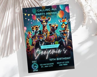 Editable Party Animals Birthday Invitation Template: Neon Any Age Customizable Canva Invite 5X7