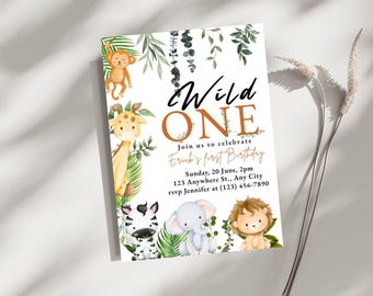 Festa di compleanno Wild One Animal: biglietto d'invito personalizzato per compleanno a tema giungla safari