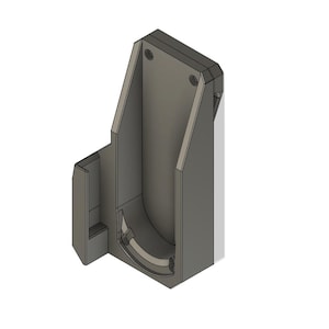 Op de afbeelding: Een 3D-geprinte wandbevestiging voor een telefoon of ander apparaat. De bevestigin is gemaakt van grijs plastic en heeft een gebogen ontwerp om het apparaat veilig vast te houden. De bevestigin is ontworpen om aan een muur of ander oppervlak te worden bevestigd.