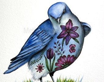 Original painting of a Mountain Blue Bird - watercolor “tattoo bird” series