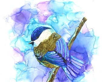 ORIGINAL Chickadee Painting in Alcohol Ink on Birchwood Panel, 12x12