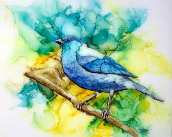 ORIGINAL Bird Painting in Alcohol Ink on Birchwood Panel, 12x12