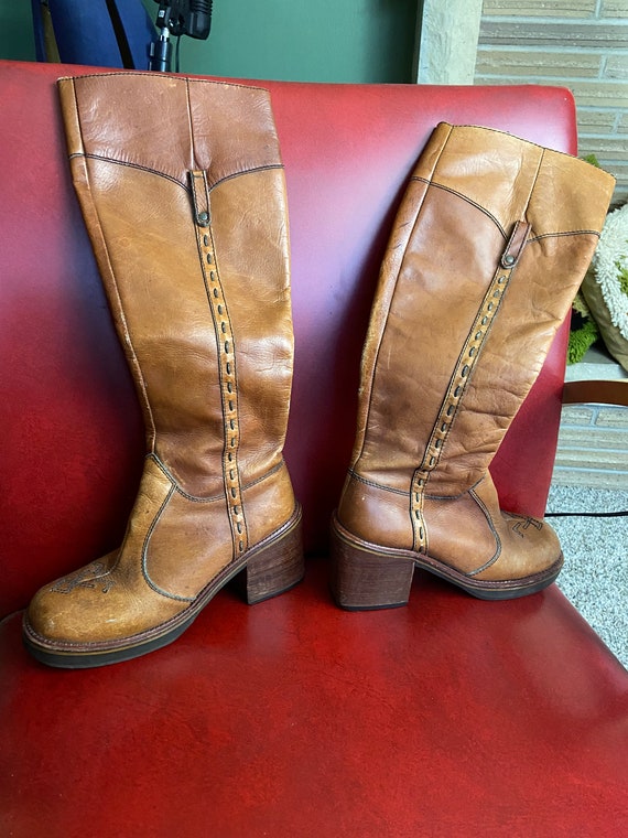 Vintage Brown Leather Boots - Platform Riding Boot