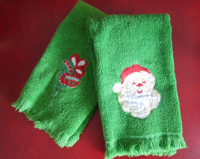 Vintage Green Christmas Hand Towel Set 2 Santa Head & Etsy
