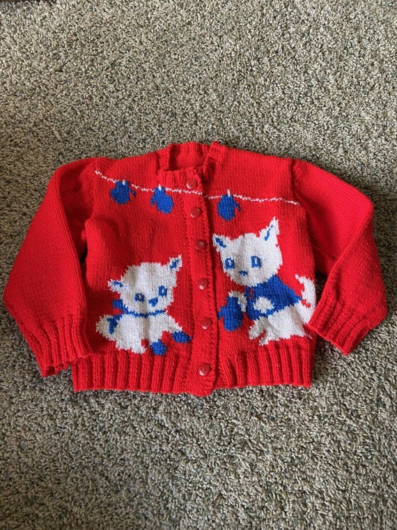 Vintage Kittens with Mittens Kids Sweater - Red, B