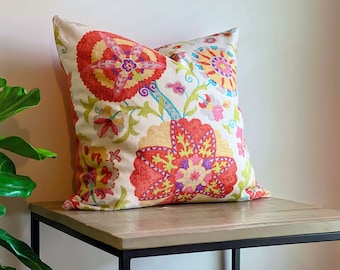 Orange Cream Suzani Print Pillow Cover - Boho Pillow Cover - Large Linen Throw Pillows