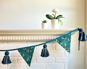 Botanical Firefly Garland - Glow in the Dark - Whimsical Bunting with Tassels - Green Blue Garland - Flag Banner