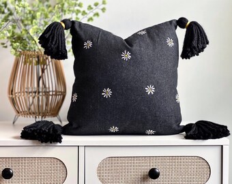 Black Denim Daisy Pillow Cover - Charcoal Black Tassel Pillow - Embroidered Flower Fabric - Black and White Decor