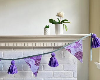 Purple Medallion Tassel Garland - Fabric Bunting - Pretty Party Decor - Flag Banner