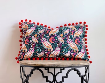 Colorful Owl Pom Pom Pillow Cover - Whimsical Fall Decor -  Owl and Moon Decor