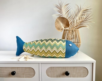 Fish Shaped Pillow - Chevron Pattern Blue Yellow Decor - Mermaid Decor - Fun Lumbar Pillow
