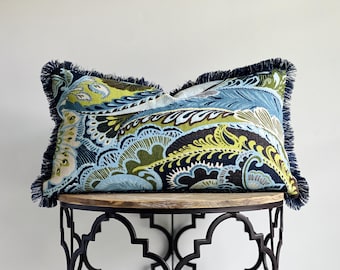 Navy Blue Olive Green Chartreuse Botanical Paisley Throw Pillow Cover - Decorative Fringe Lumbar Pillow - Coastal Eclectic Home Decor