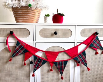 Red & Green Plaid Garland - Fabric Bunting - Christmas Decor - Scottish Tartan - Holiday Decoration