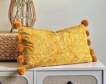 Mustard Yellow Botanical Pom Pom Pillow Cover - Handmade Boho Accent Cushion