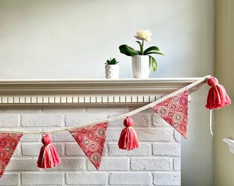 Peach Coral Garland with Tassels - Peach and Cream Decor - Whimsical Bunting - Classy Birthday Decor