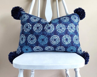 Shibori Circles Pom Pom Pillow Cover, Indigo Navy Blue Lumbar Pillow Cover, Tie Dye Pillow Cover