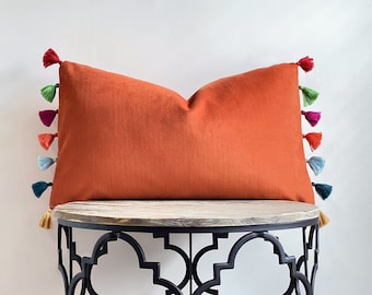 Orange Velvet Multicolor Tassel Pillow Cover - Fall Decor - Pumpkin Color Decor
